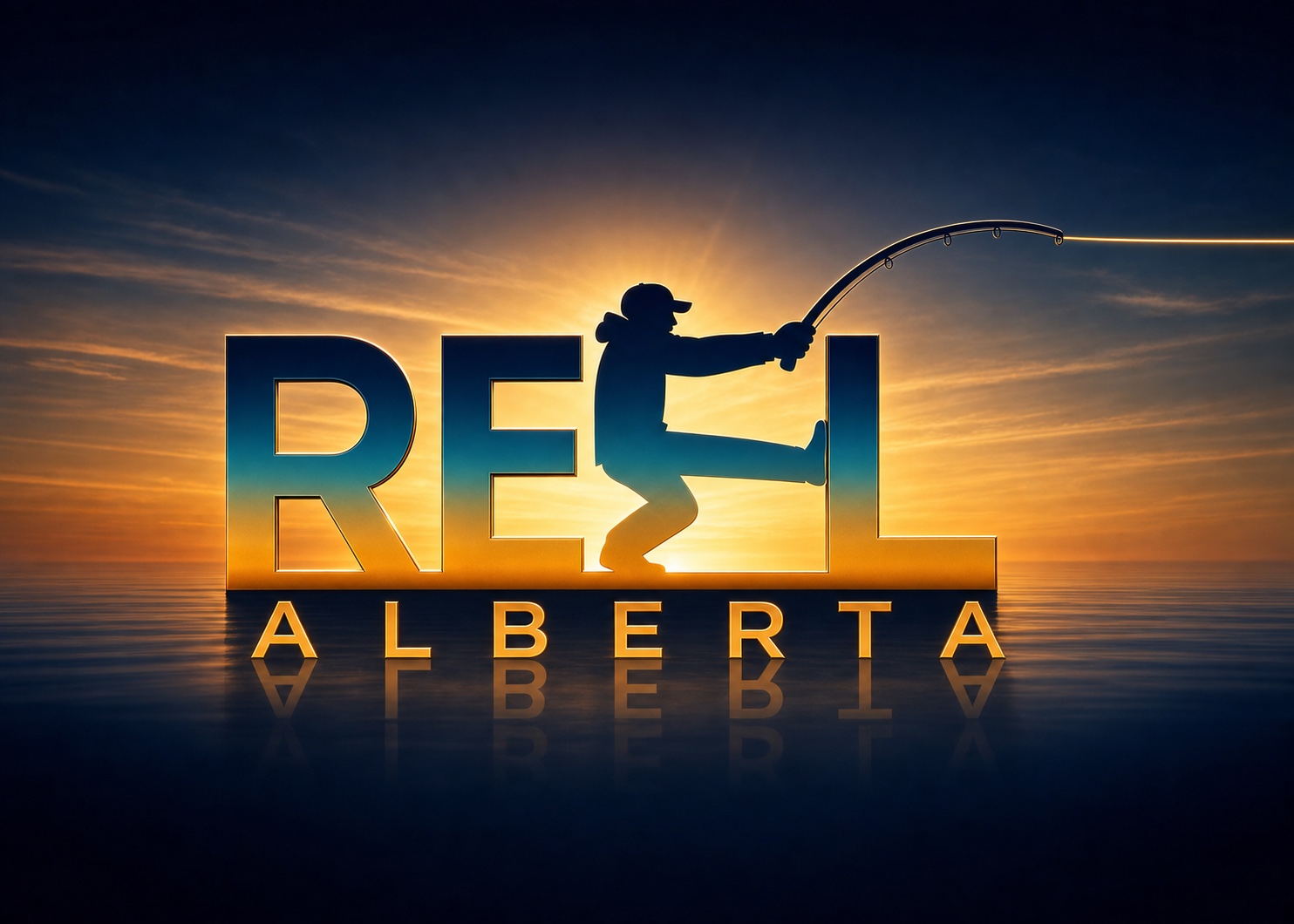 Reel Alberta cinematic advertising logo — sunset over Alberta water with 3D gold letters and a fisherman silhouette forming the letter E